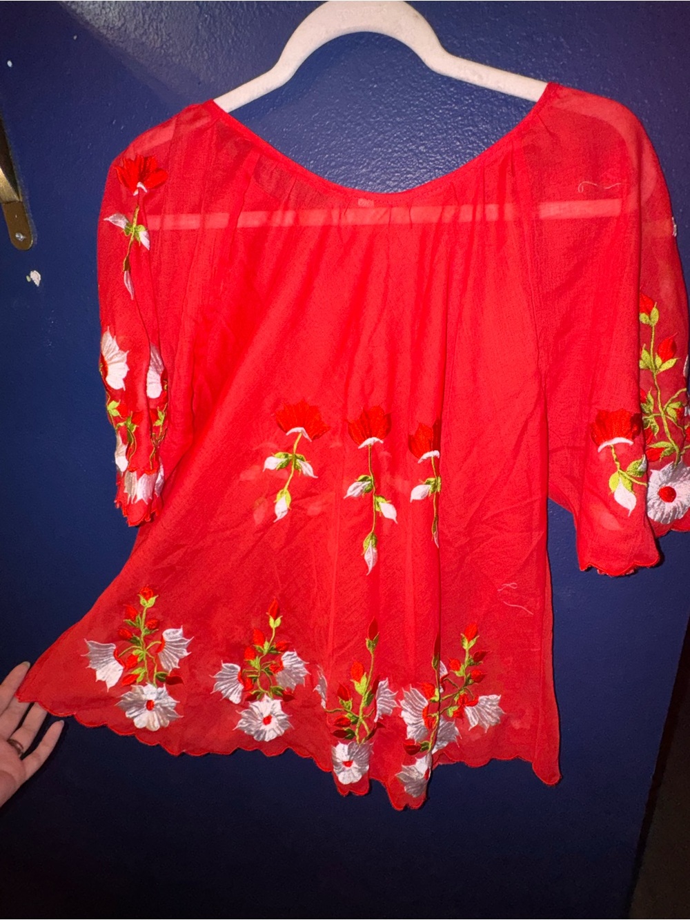Women’s Red Embroidered Floral Blouse
